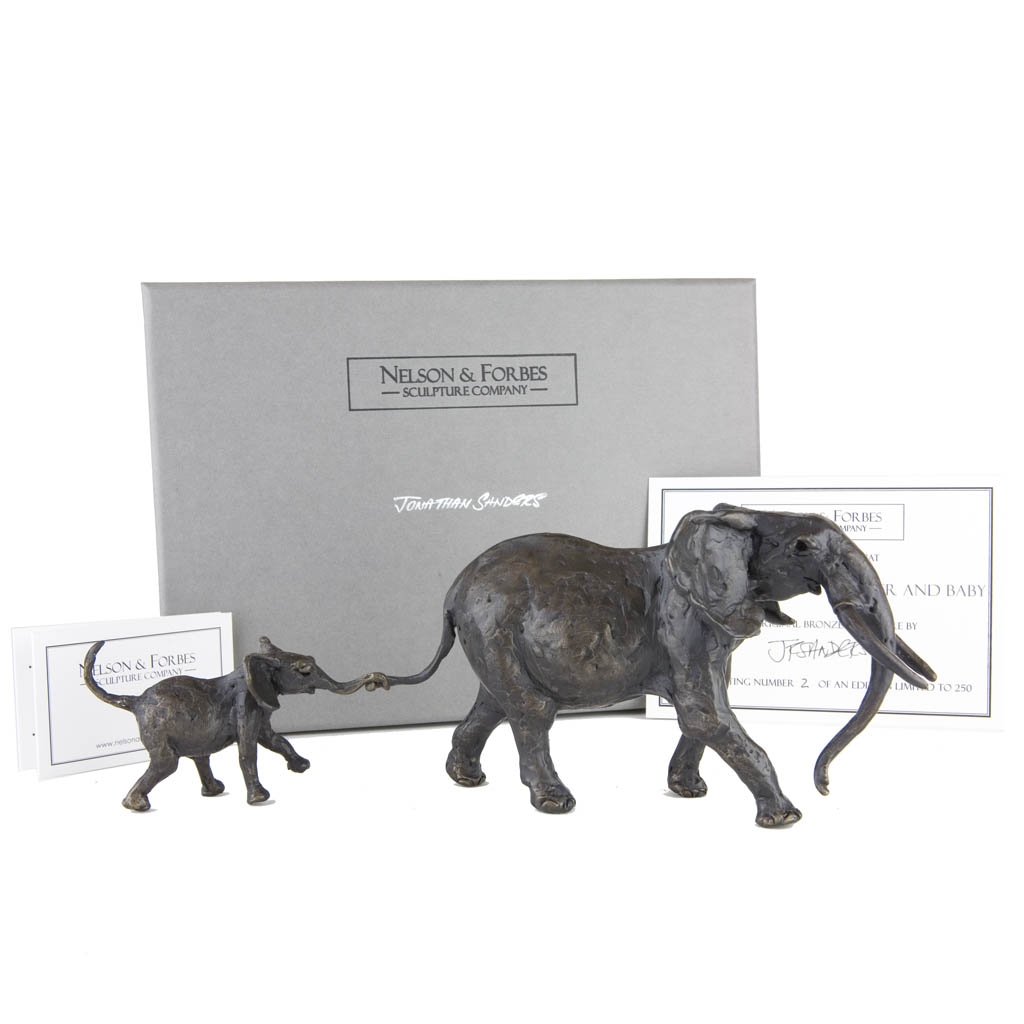 Bronze Elephant Sculpture: Walking Elephant Mother and Baby