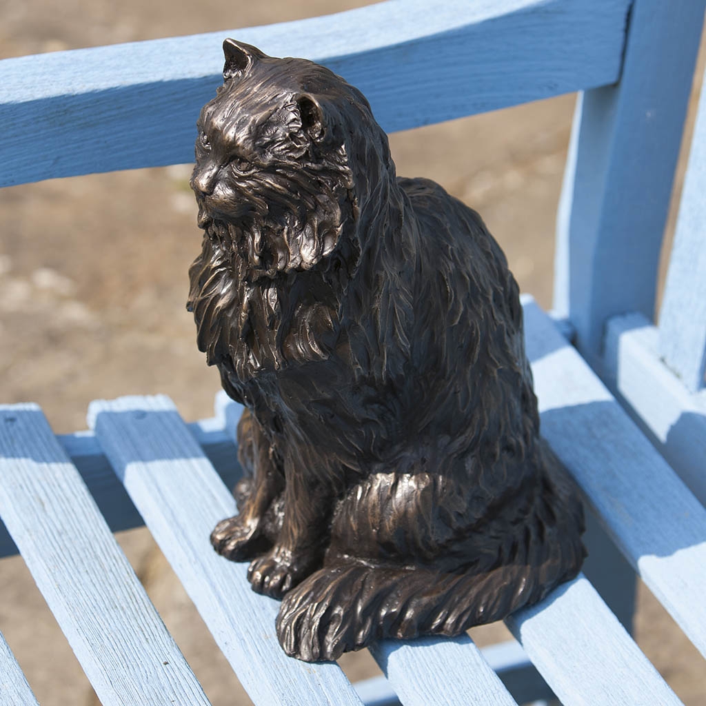 Bronze Cat Sculpture: Garden Long Haired Sitting Cat (Life Sized) by Sue Maclaurin