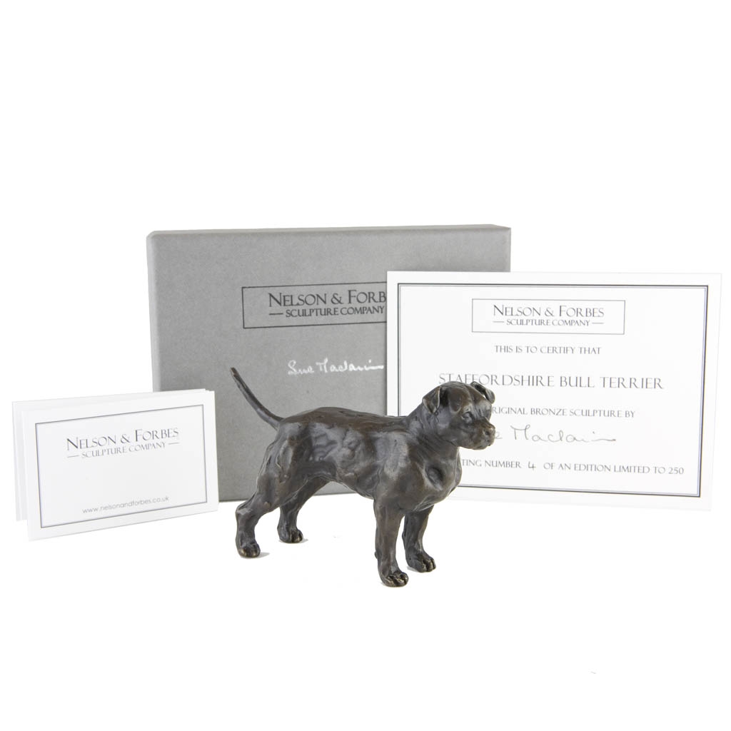 Bronze Dog Sculpture: Female Staffordshire Bull Terrier by Sue Maclaurin